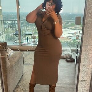 Source Unknown Brown Ribbed Bodycon Midi Dress